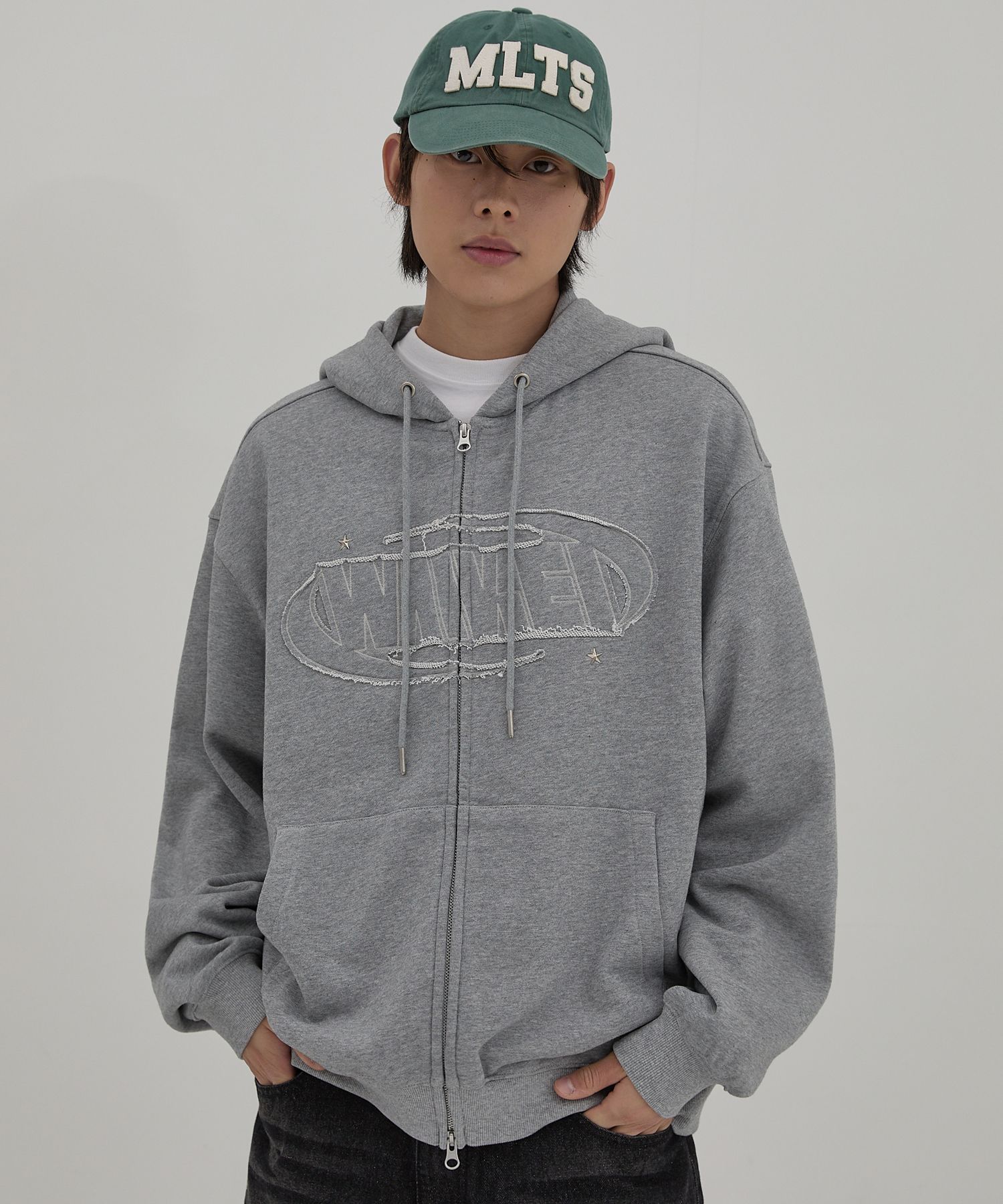 ★WAIKEI★CHECK APPLIQUE HOODED SWEATSHIRTS MUSINSA | WAI KEI Logo Applique Hooded Zip-Up Grey