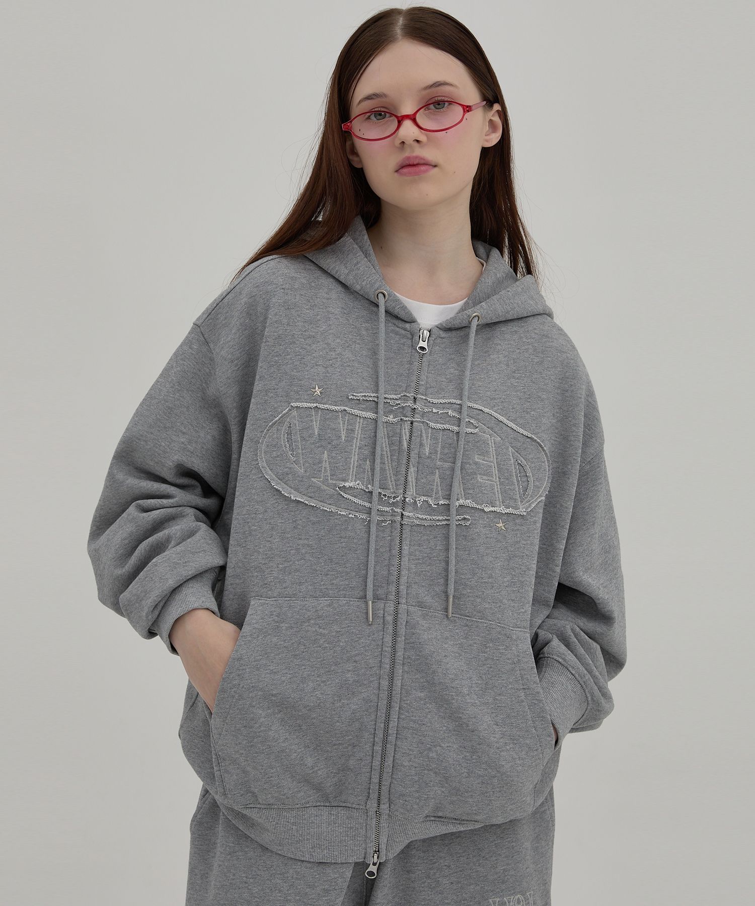MUSINSA | WAI KEI Logo Applique Hooded Zip-Up Grey