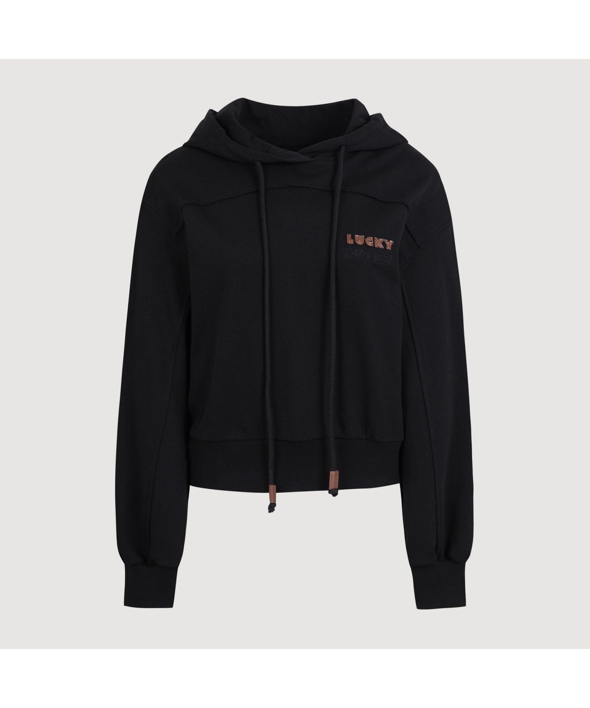 럭키슈에뜨(LUCKY CHOUETTE) Embroidery Point Cropped Hoodie T-shirt (black) LFTAS25280BKX
