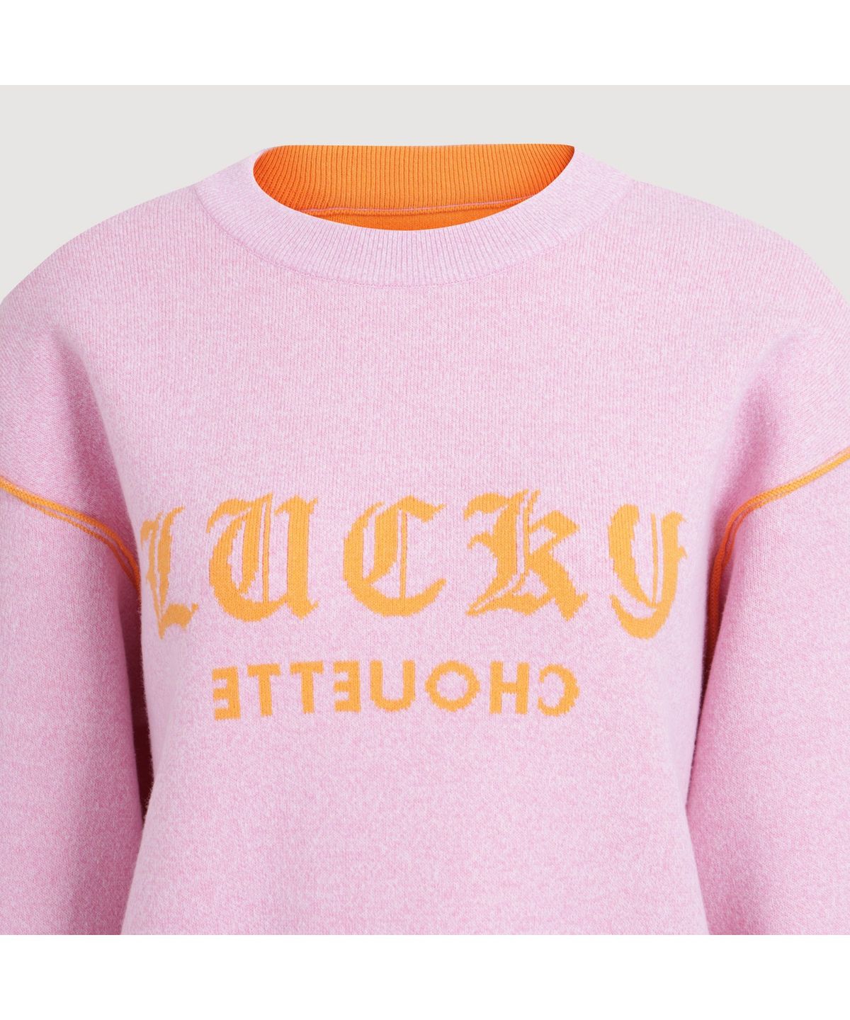 럭키슈에뜨(LUCKY CHOUETTE) Reversible Lettering Round Neck Knit Pullover (pink) LFWAS25210PIX