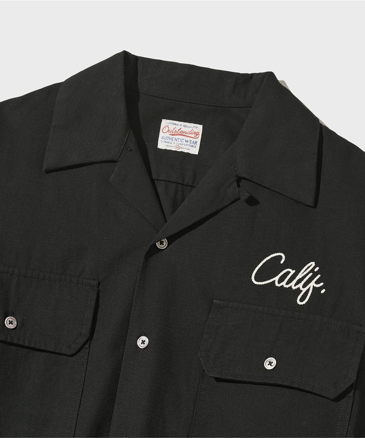 아웃스탠딩(OUTSTANDING) CHAIN STITCH OPEN COLLAR SHIRT_BLACK