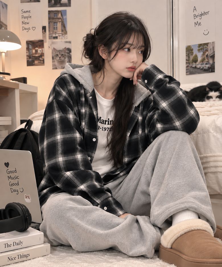 타탄 스웻후드 체크셔츠 3color