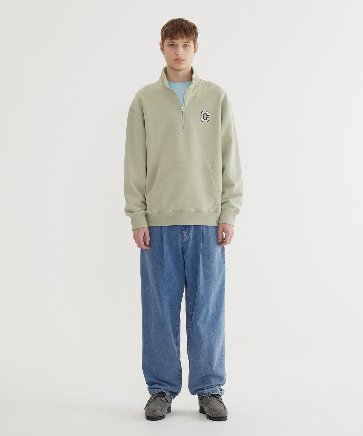커버낫(COVERNAT) C 로고 하프 집업 맨투맨 Light Khaki