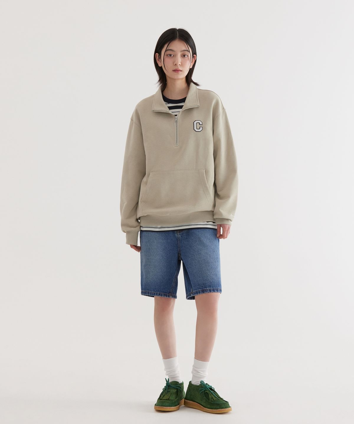 커버낫(COVERNAT) C 로고 하프 집업 맨투맨 Light Khaki
