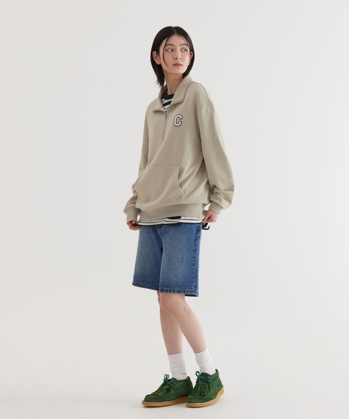 커버낫(COVERNAT) C 로고 하프 집업 맨투맨 Light Khaki