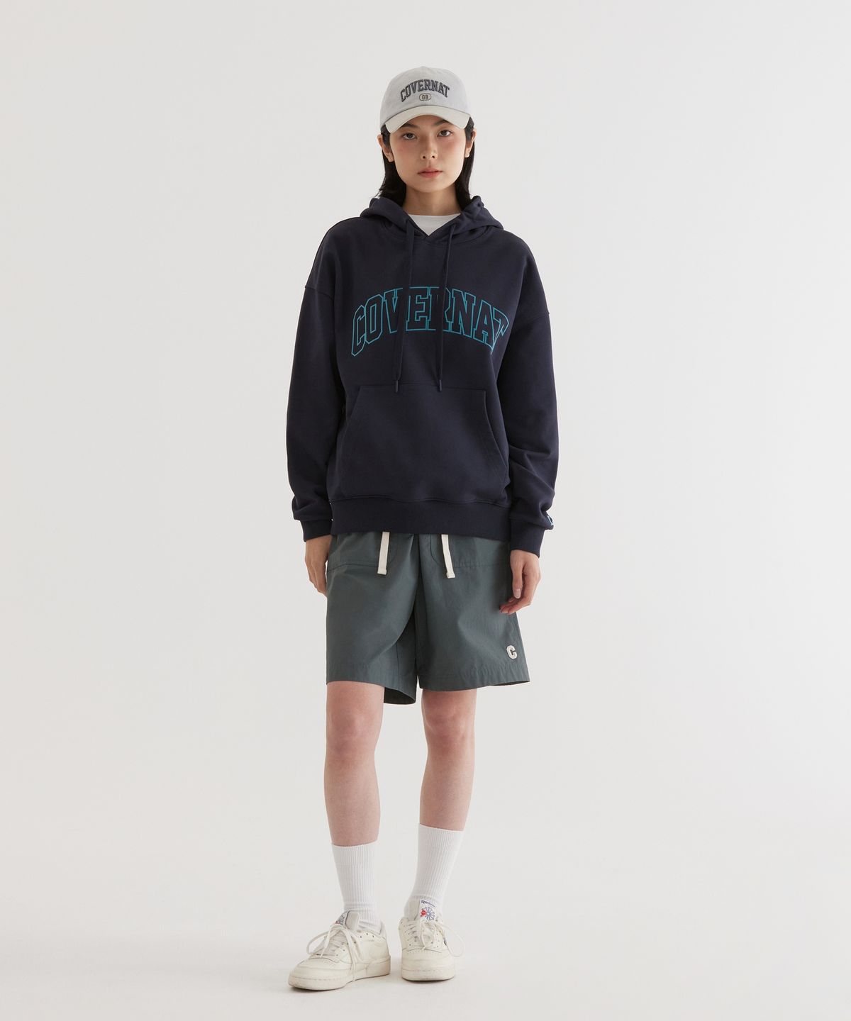 커버낫(COVERNAT) 아치 로고 드롭핏 후디 Dark Navy