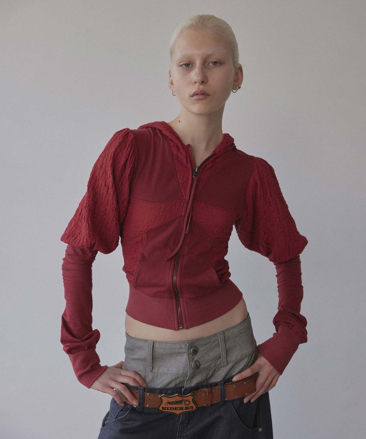 스컬프터(SCULPTOR) Puff Sleeve Zip-Up Hoodie Red