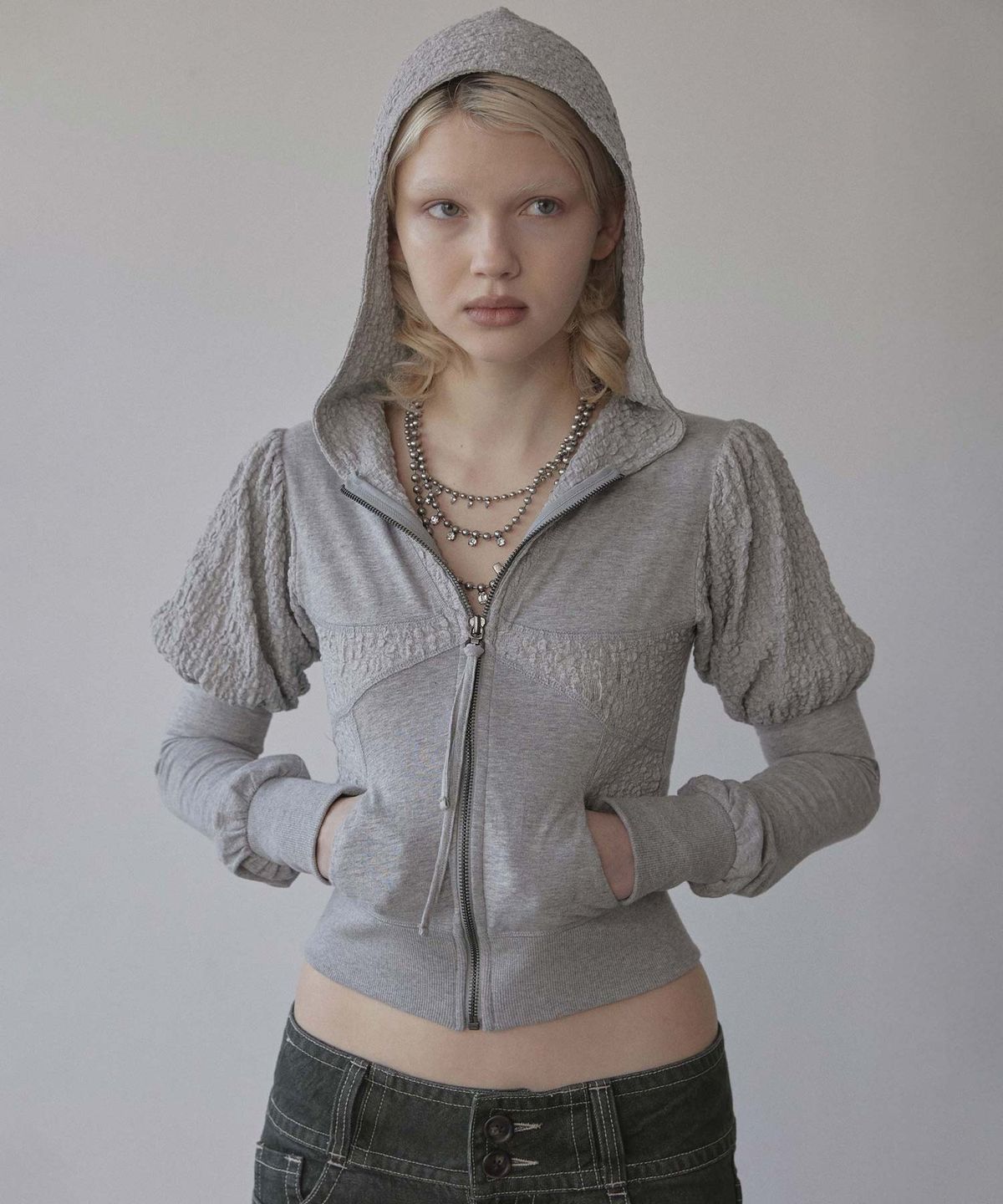 스컬프터(SCULPTOR) Puff Sleeve Zip-Up Hoodie Melange Gray