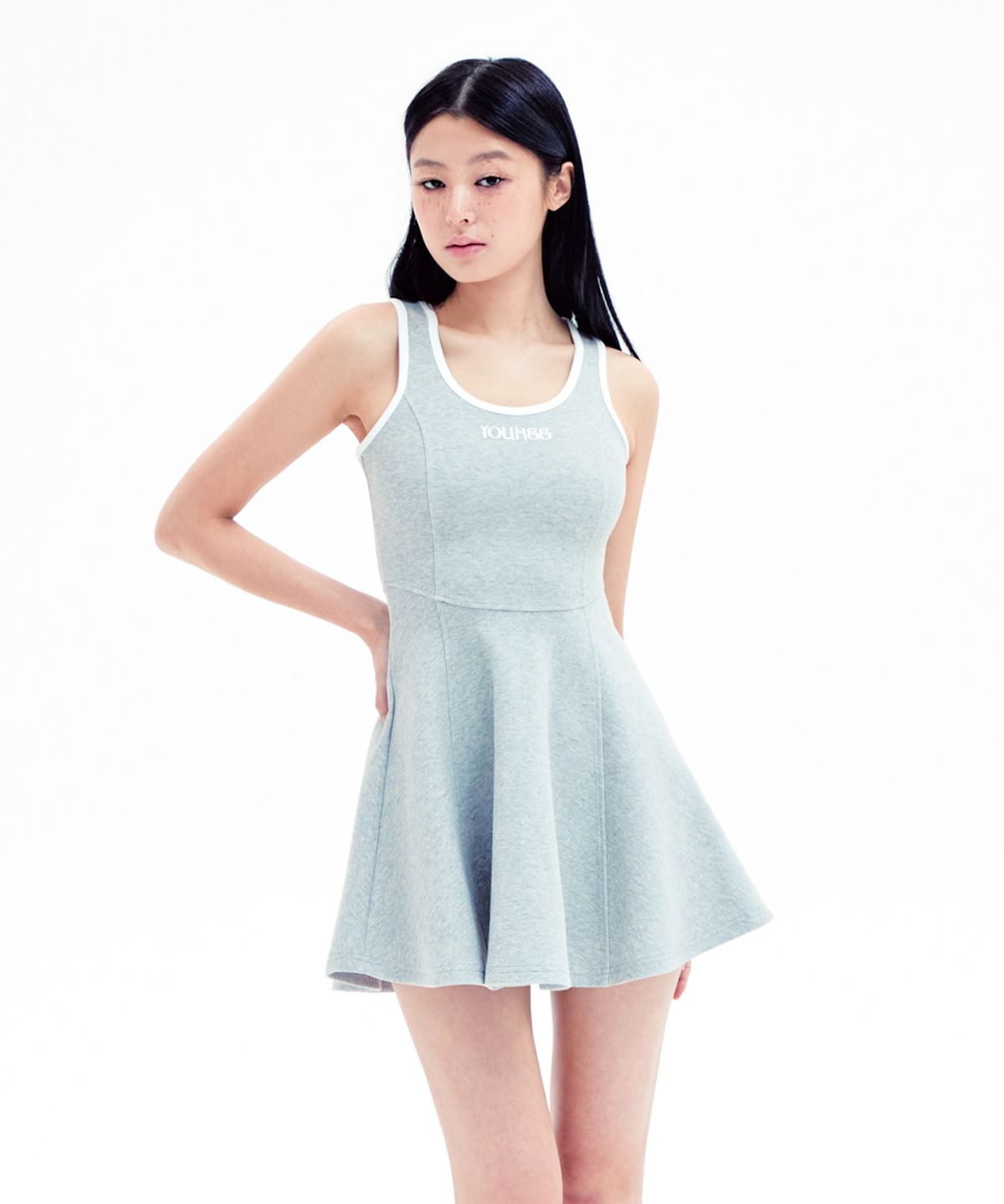 유희(YOUHEE) RINGER FLARE MINI DRESS MELANGE GREY