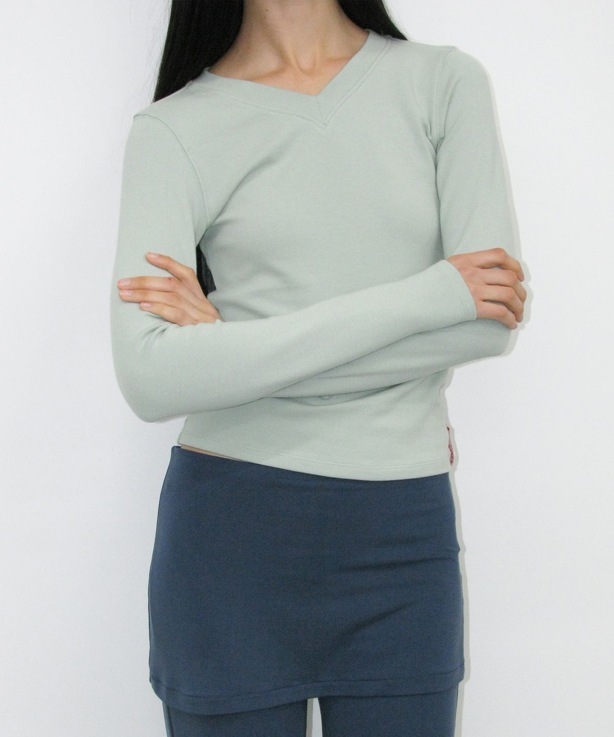 파르티멘토 우먼(PARTIMENTO WOMEN) PWC 브이넥 베이비 롱슬리브 티_민트