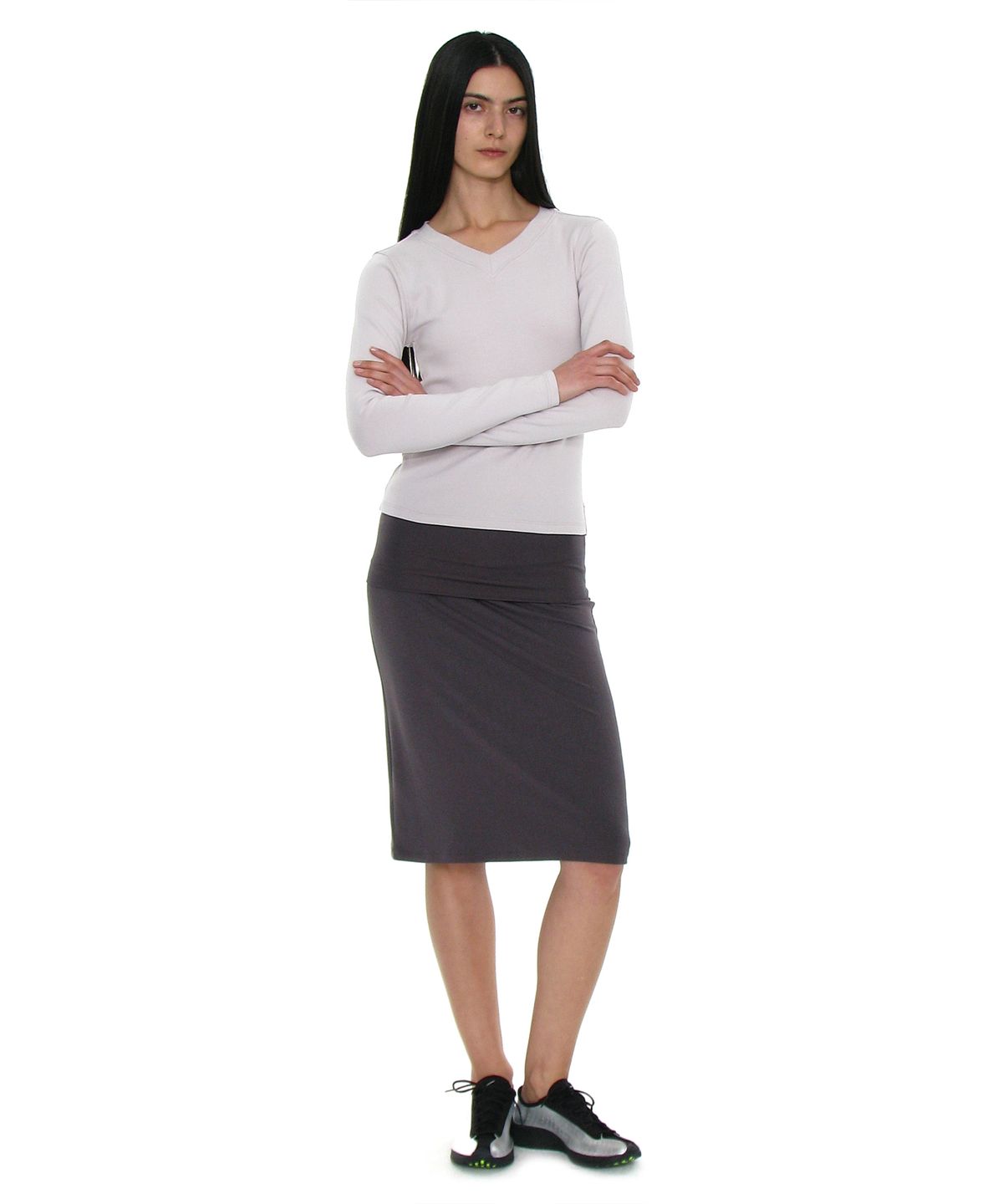 파르티멘토 우먼(PARTIMENTO WOMEN) PWC 폴딩 웨이스트 저지 미디 스커트_차콜