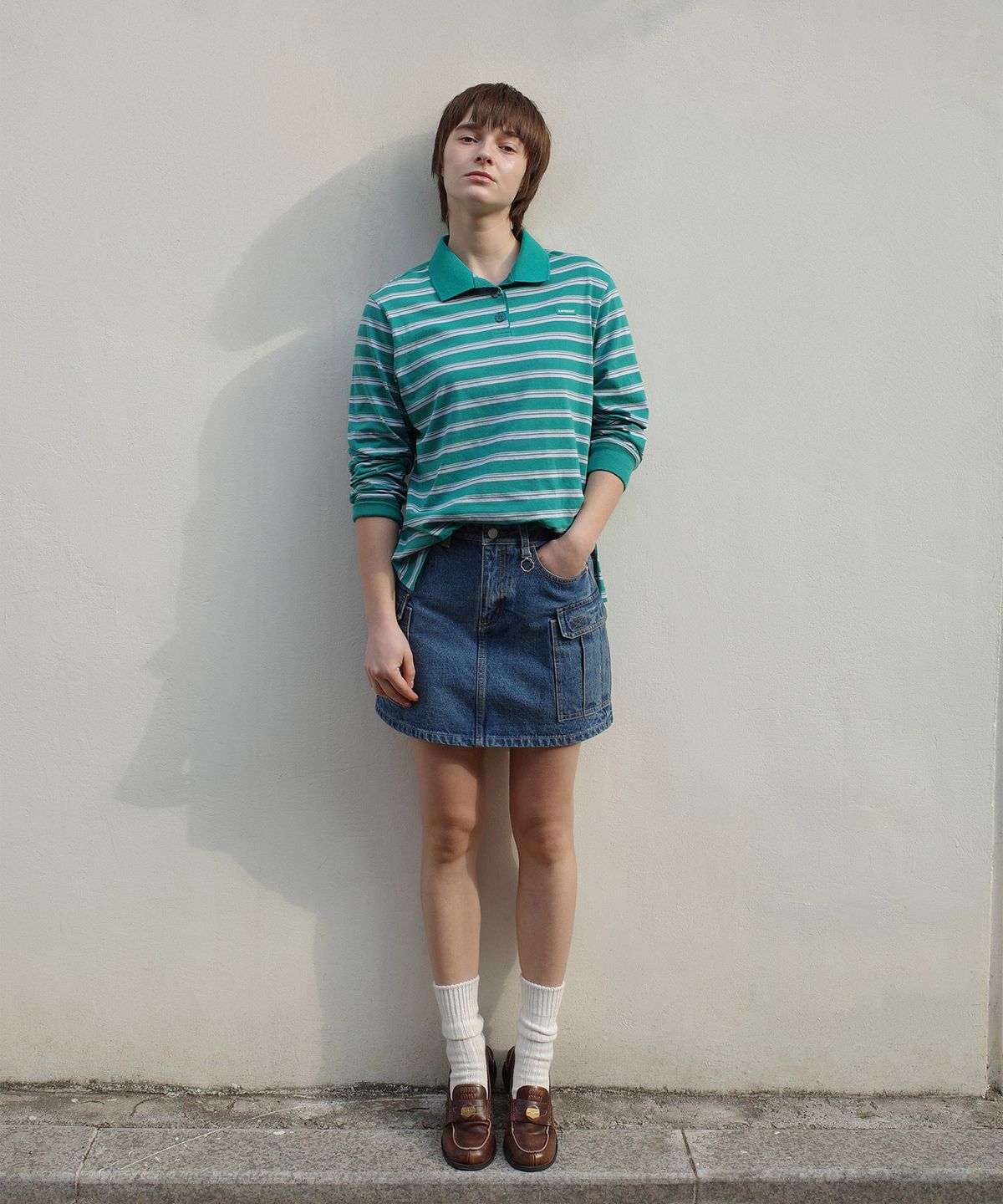 커버낫 우먼(COVERNAT WOMAN) 우먼 스트라이프 럭비 롱 티셔츠 Green