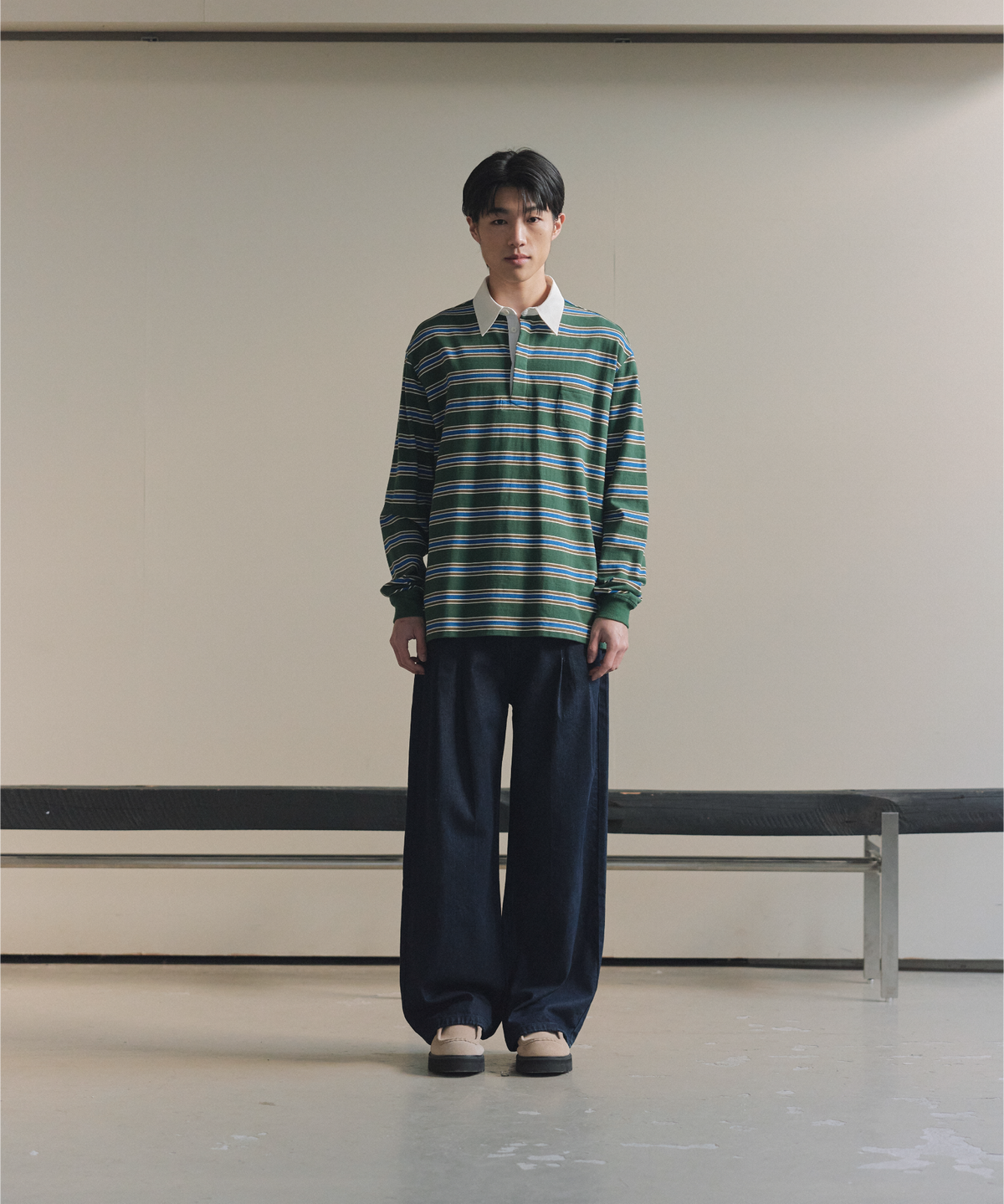 넌블랭크(NONBLANK) 스트라이프 럭비 티셔츠_GREEN