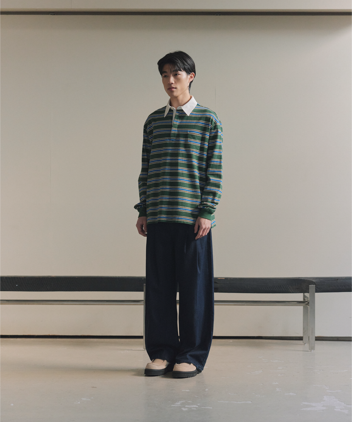 넌블랭크(NONBLANK) 스트라이프 럭비 티셔츠_GREEN