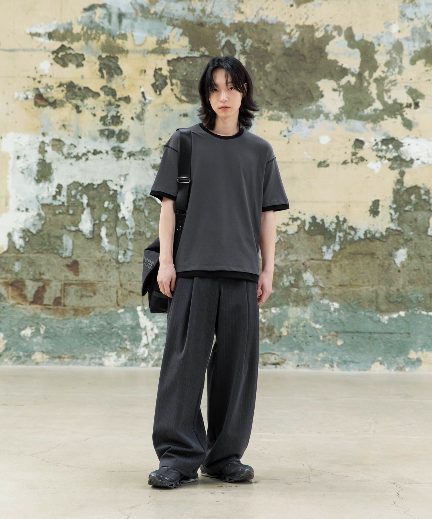 MUSINSA | BEGIN202 Cover Stitch Layered T-Shirt [Grey x Black]