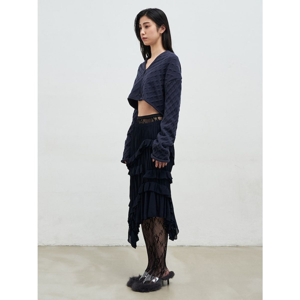 앙개(ANGGAE) Cable Cropped Bolero Cardigan  Navy