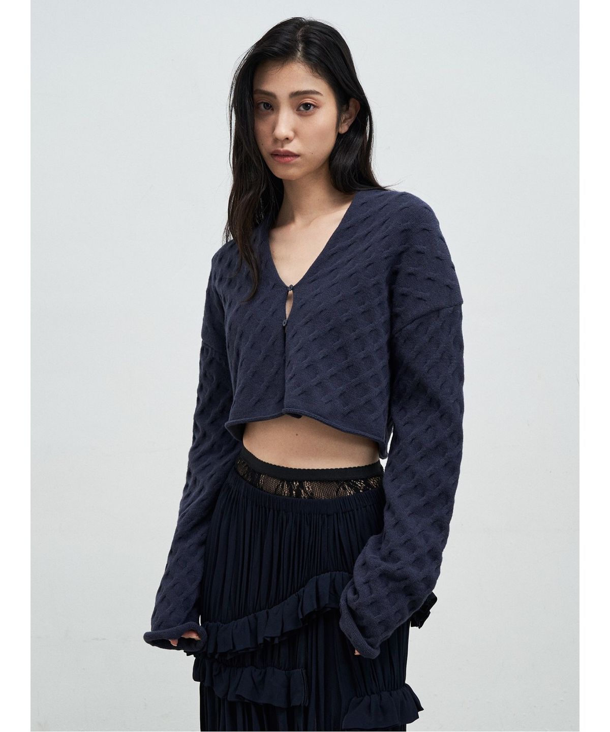 앙개(ANGGAE) Cable Cropped Bolero Cardigan  Navy