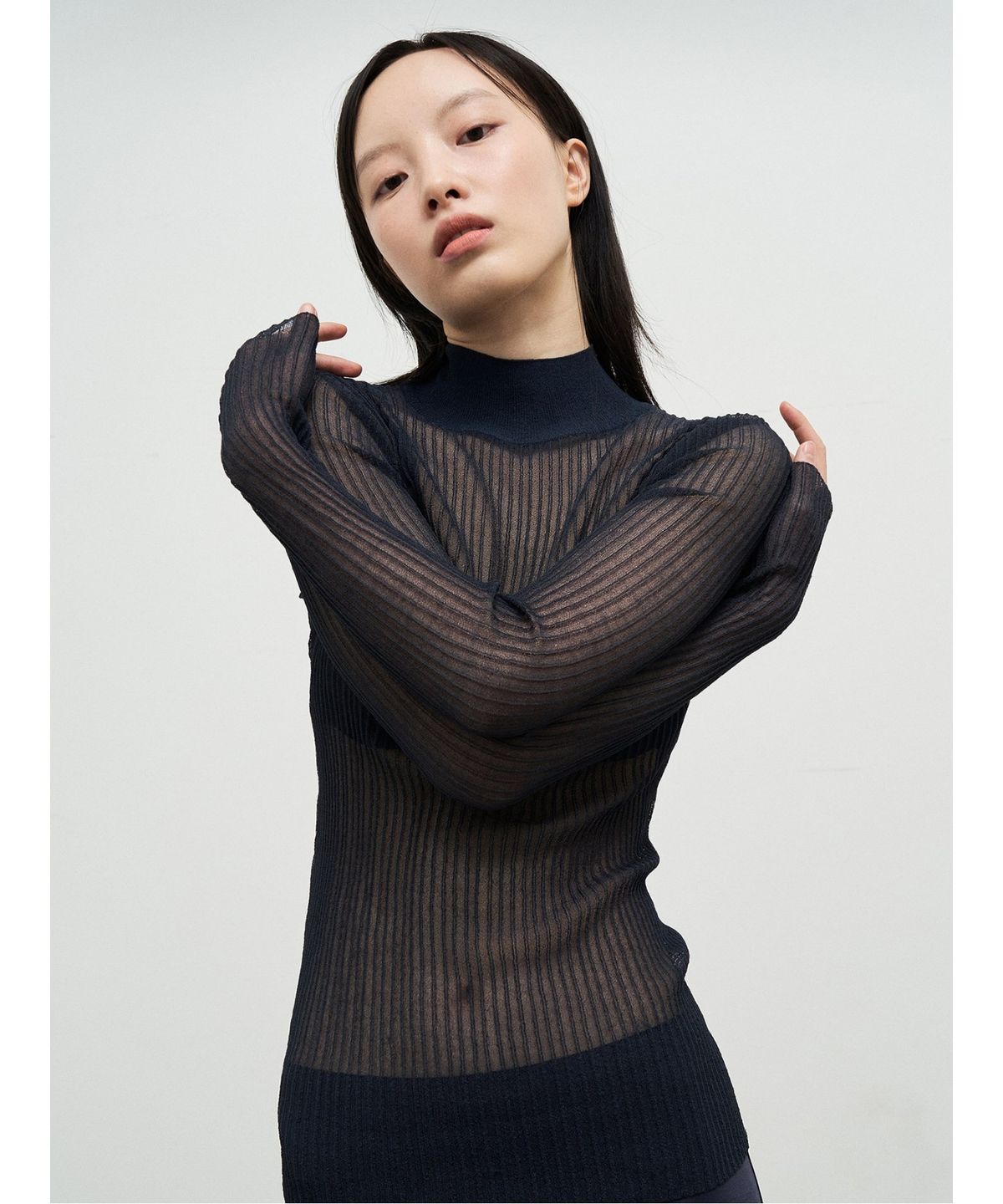 앙개(ANGGAE) Sheer Rib Super Slim Pullover  Navy