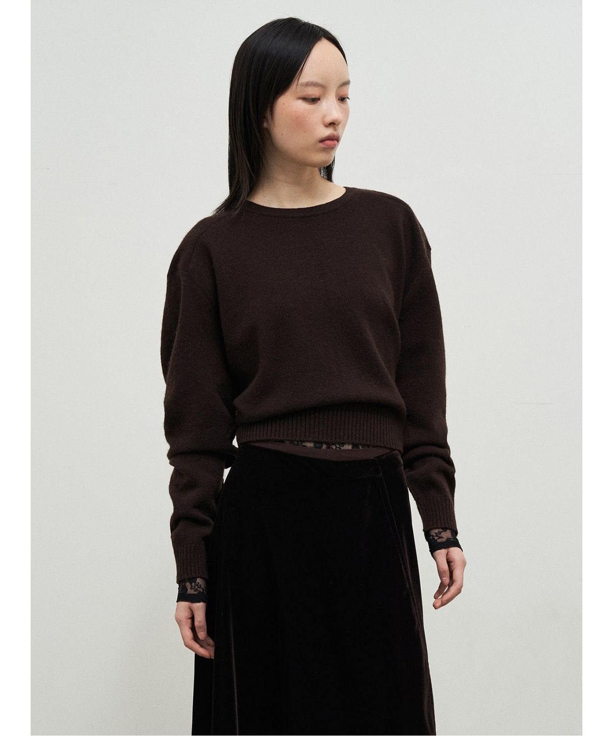 앙개(ANGGAE) Lambswool Blend 2Holes Solid Pullover  Brown