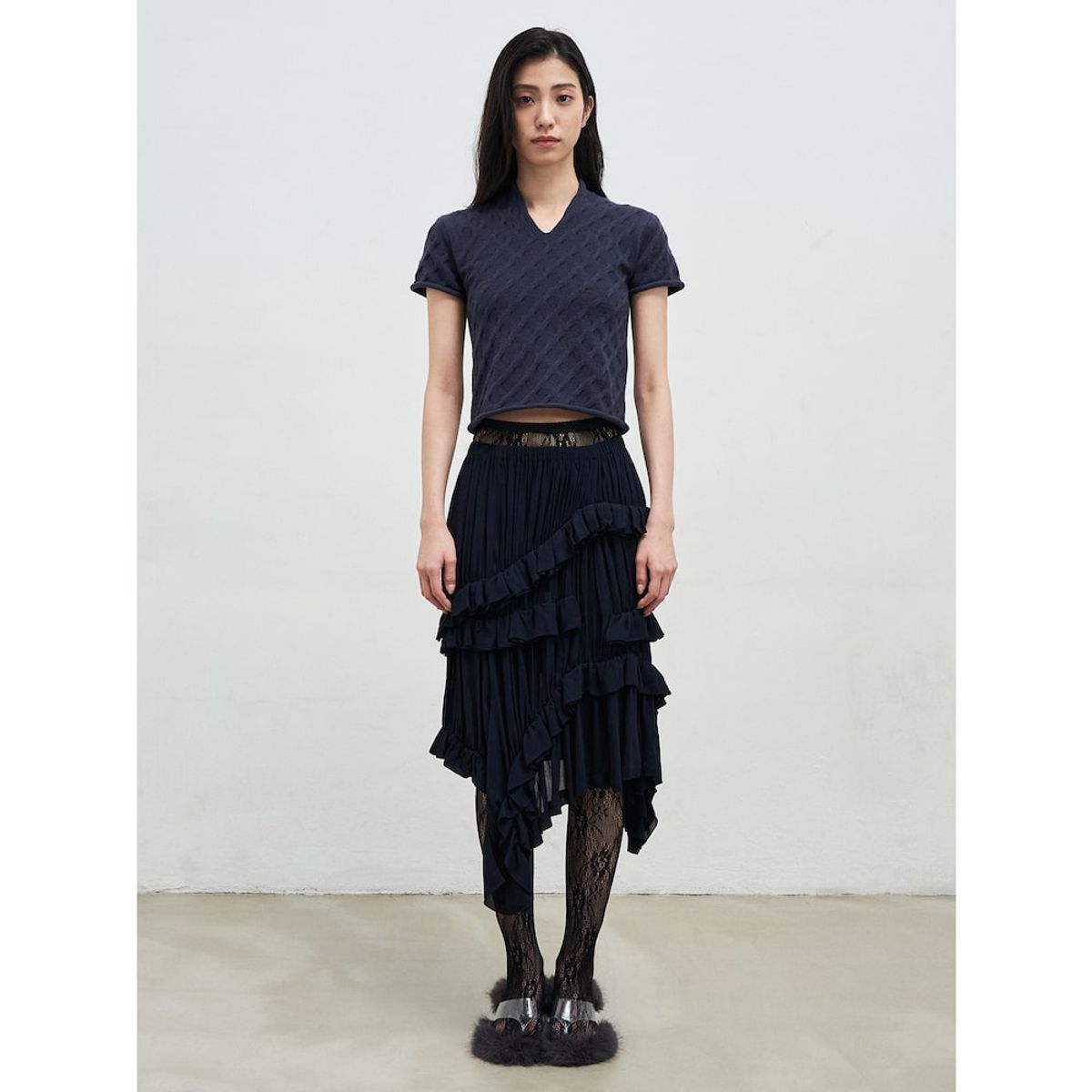 앙개(ANGGAE) Cable Slit Neck ShortSleeve Pullover  Navy
