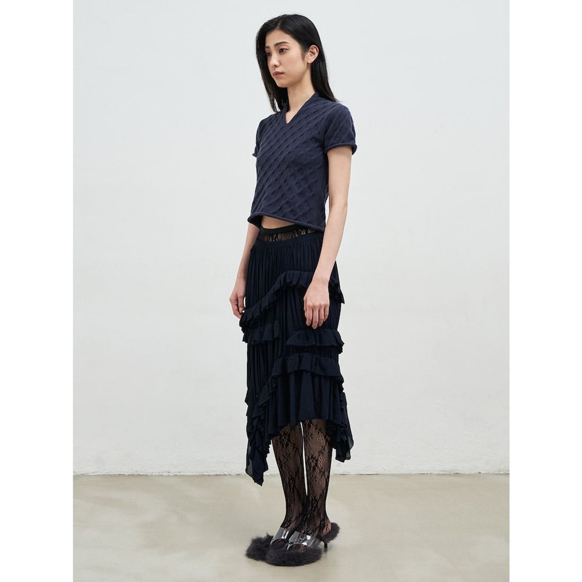 앙개(ANGGAE) Cable Slit Neck ShortSleeve Pullover  Navy
