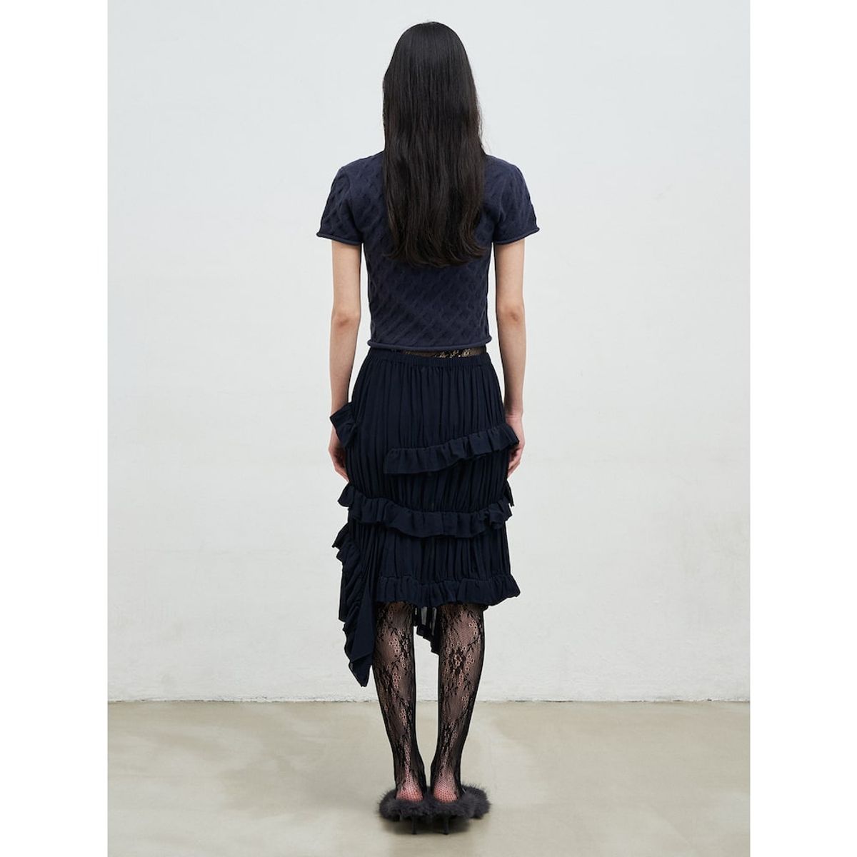 앙개(ANGGAE) Cable Slit Neck ShortSleeve Pullover  Navy