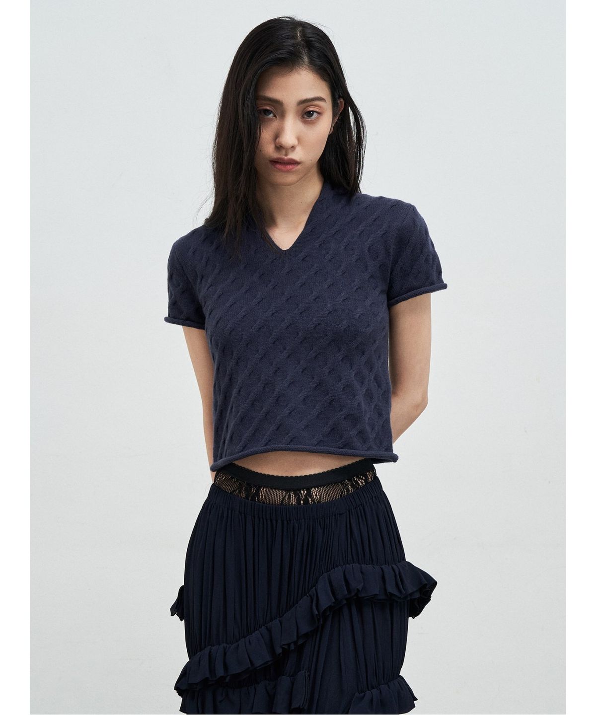 앙개(ANGGAE) Cable Slit Neck ShortSleeve Pullover  Navy