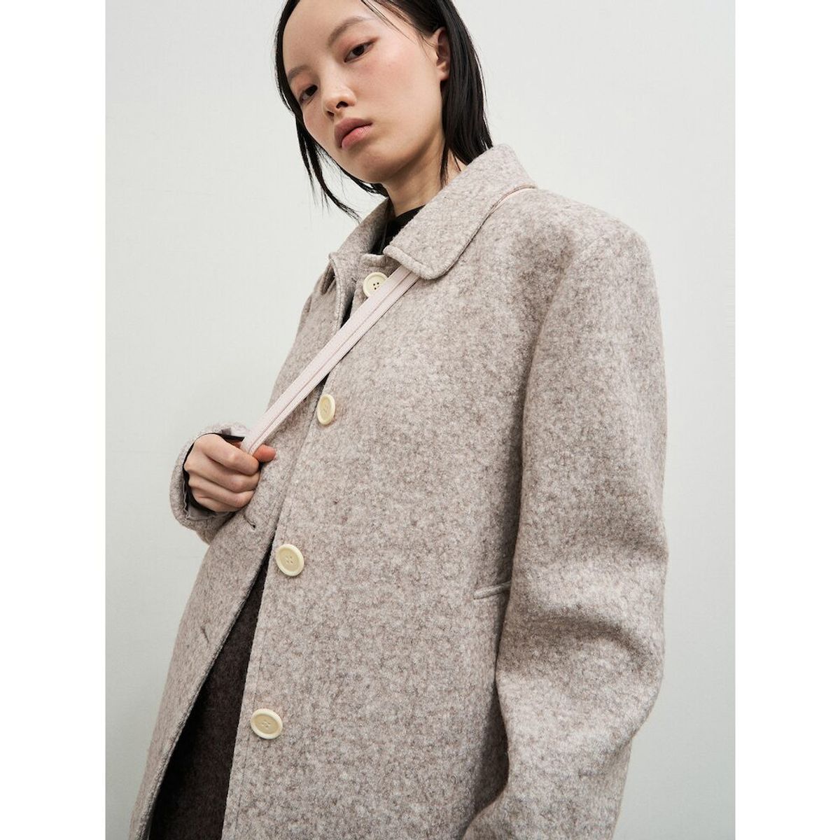 앙개(ANGGAE) Melange Wool Blend Half Car Coat  Ivory