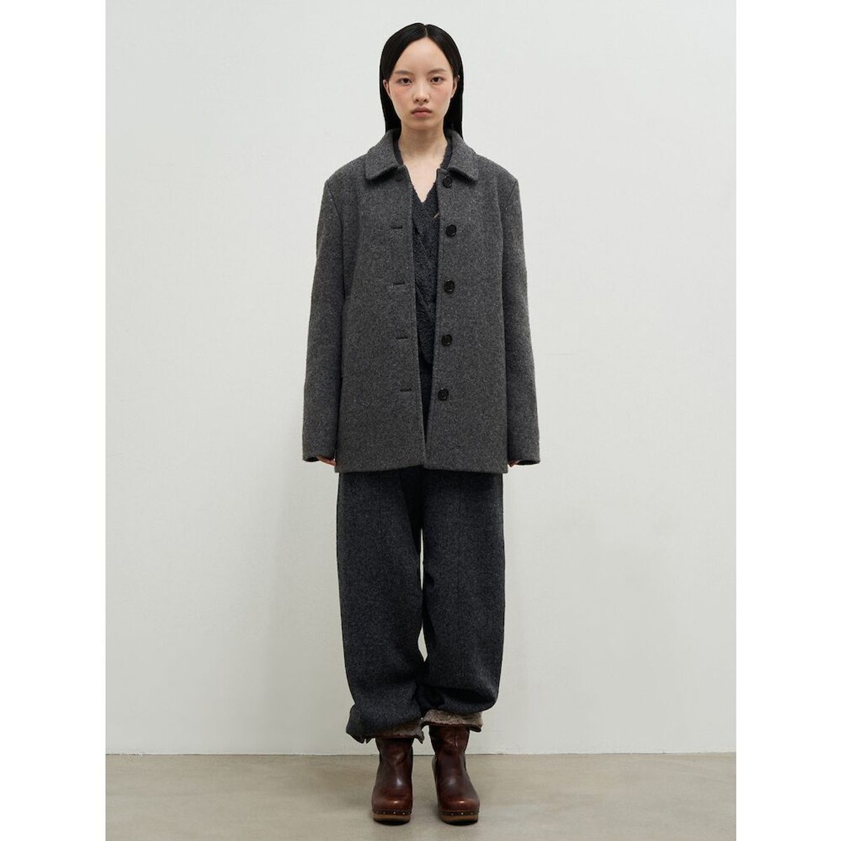앙개(ANGGAE) Melange Wool Blend Half Car Coat  Grey