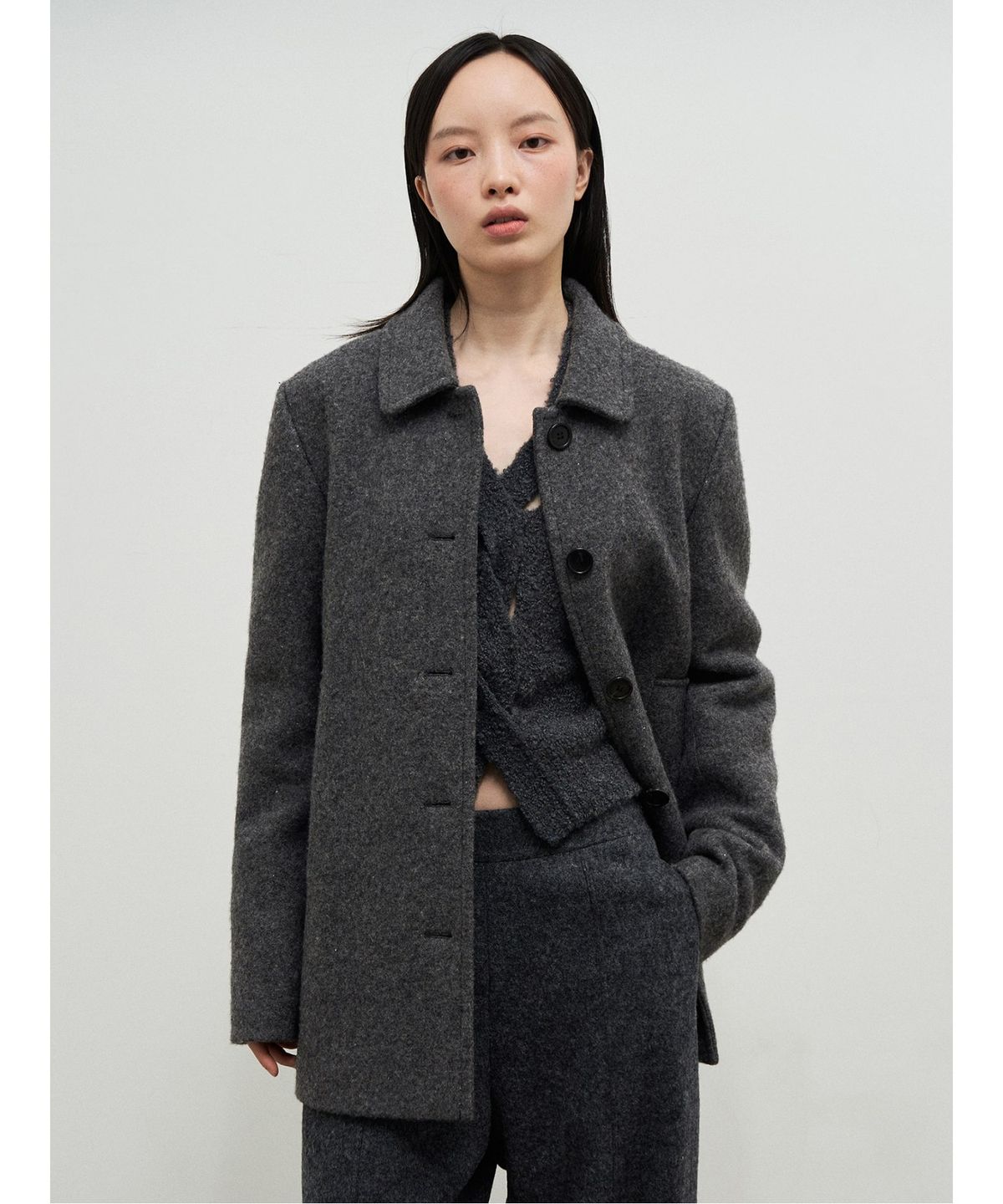 앙개(ANGGAE) Melange Wool Blend Half Car Coat  Grey