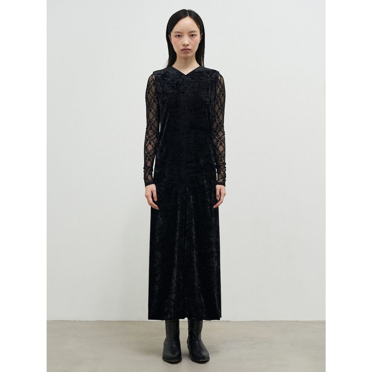 앙개(ANGGAE) Washed Velvet Long Dress  Black