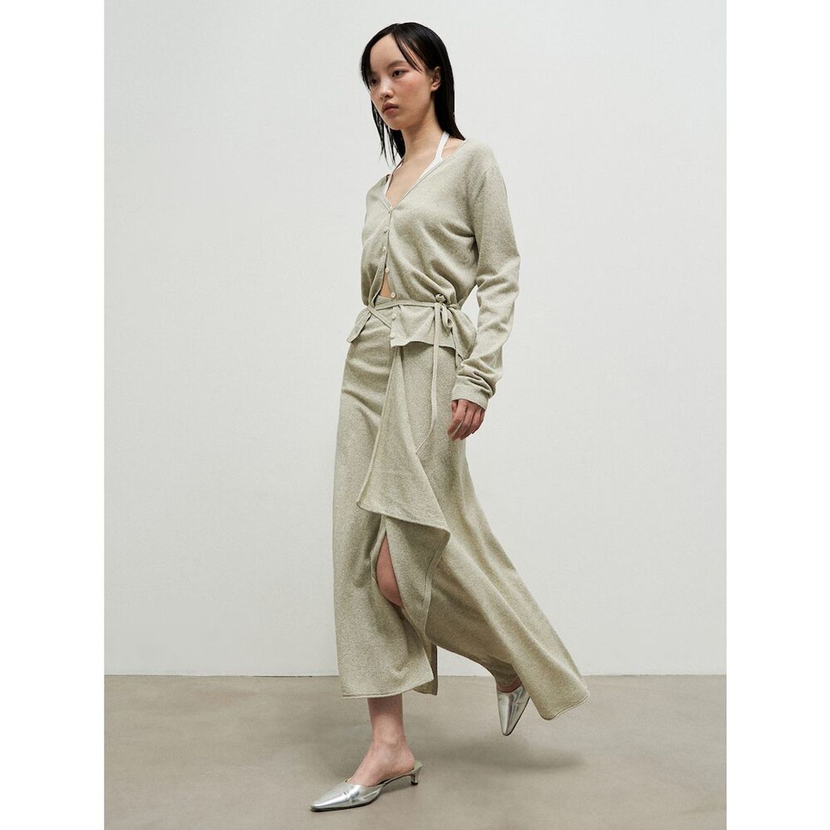 앙개(ANGGAE) Knit Wrap Long Skirt  Khaki