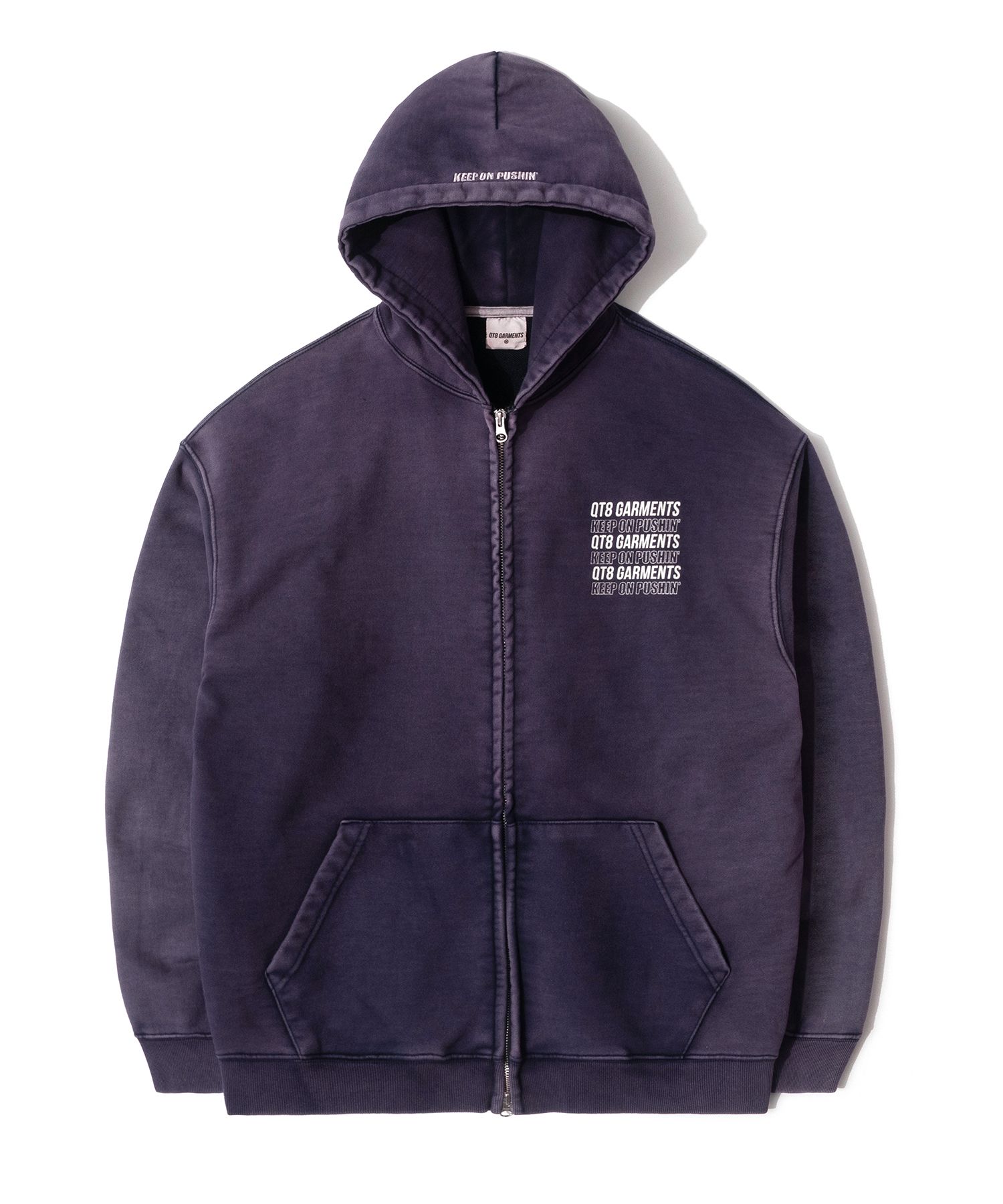 MUSINSA | QT8 GARMENTS OC Slogan Washed Zip-up hoodie (Navy)