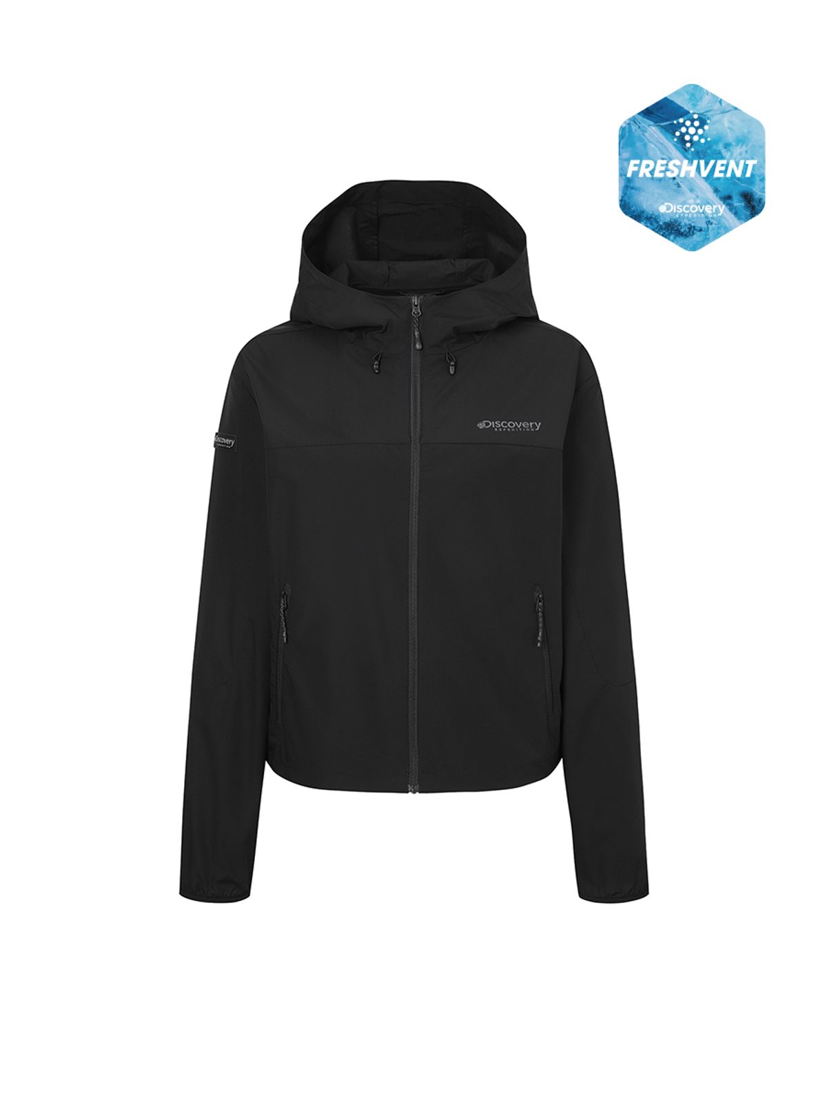 디스커버리 익스페디션(DISCOVERY EXPEDITION) 프레시벤트 여성 컬러블럭 크롭 바람막이 (BLACK)