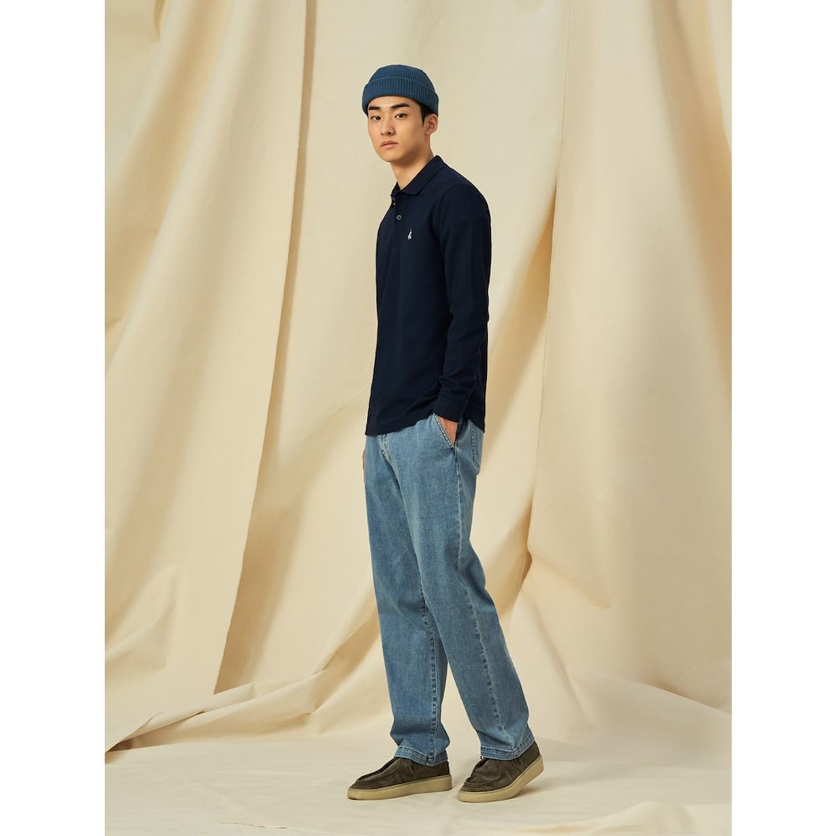 빈폴 멘(BEANPOLE MEN) 미니와플 칼라넥 티셔츠  네이비 (BC5141C12R)
