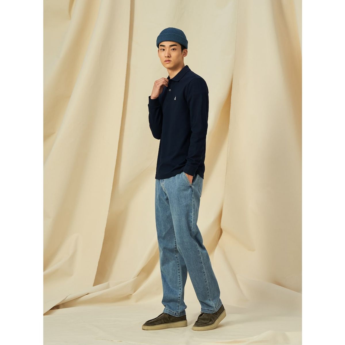 빈폴 멘(BEANPOLE MEN) 미니와플 칼라넥 티셔츠  네이비 (BC5141C12R)