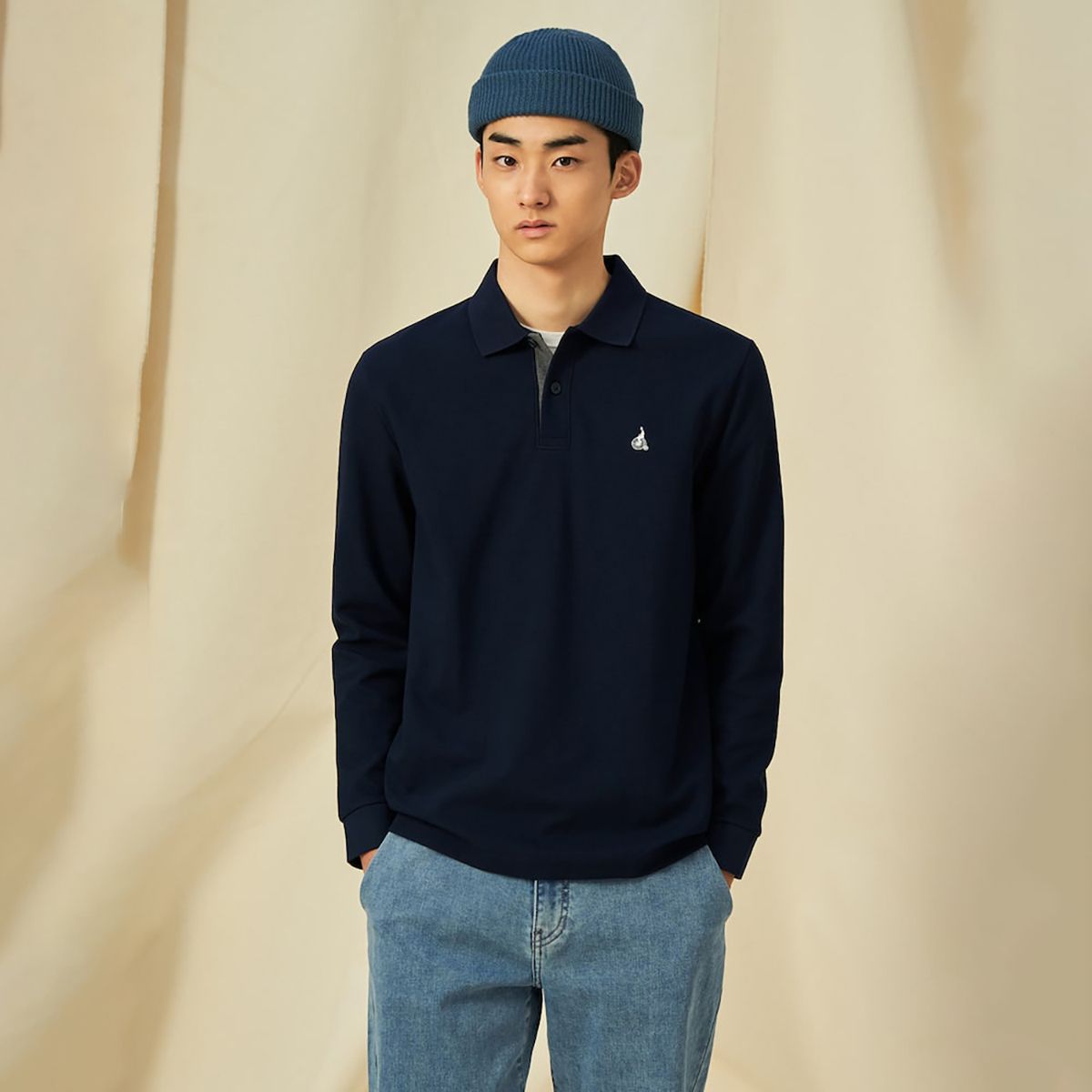 빈폴 멘(BEANPOLE MEN) 미니와플 칼라넥 티셔츠  네이비 (BC5141C12R)