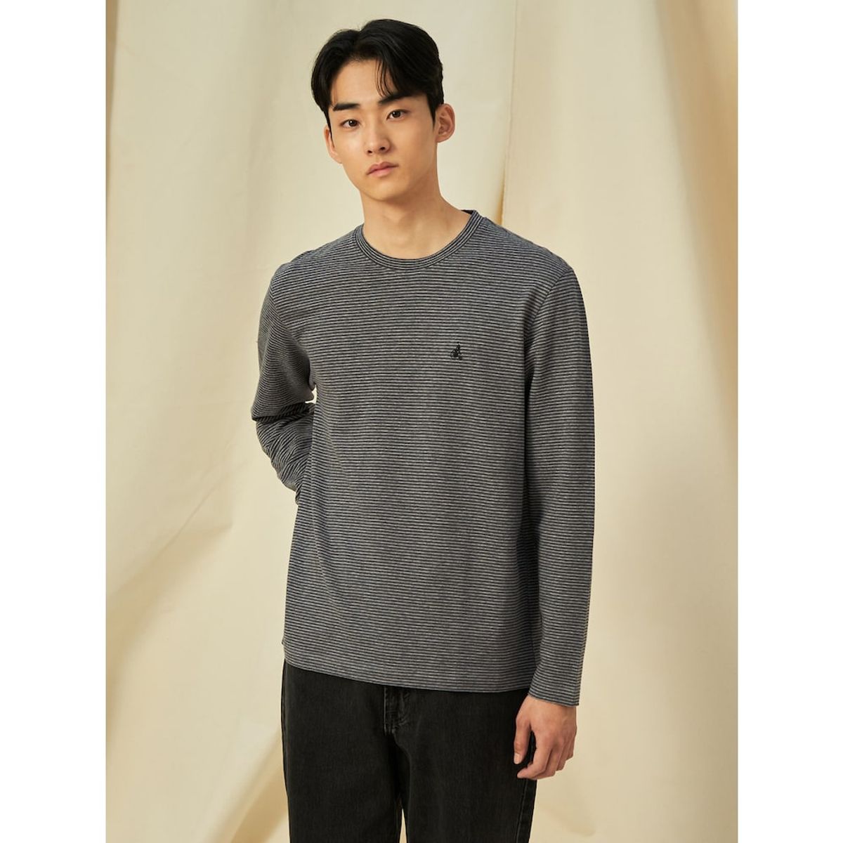 빈폴 멘(BEANPOLE MEN) 미니 스트라이프 라운드 티셔츠  애쉬 (BC5141C324)