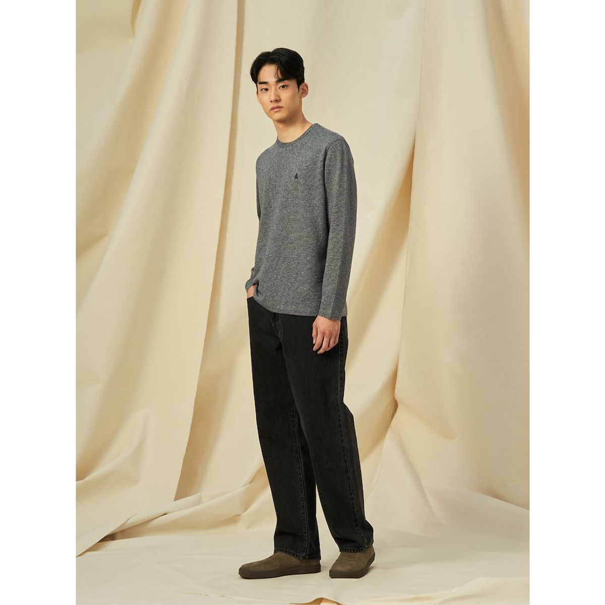 빈폴 멘(BEANPOLE MEN) 미니 스트라이프 라운드 티셔츠  애쉬 (BC5141C324)