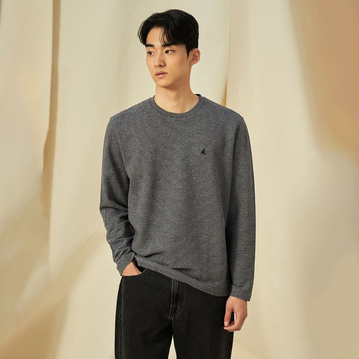 빈폴 멘(BEANPOLE MEN) 미니 스트라이프 라운드 티셔츠  애쉬 (BC5141C324)