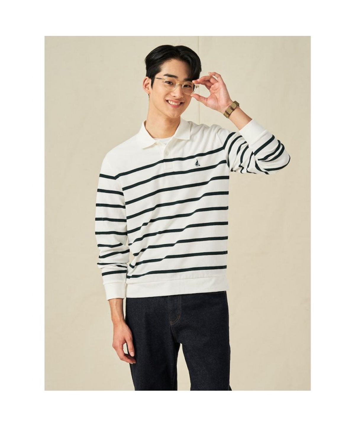 빈폴 멘(BEANPOLE MEN) 피케 스트라이프 칼라넥 티셔츠  아이보리