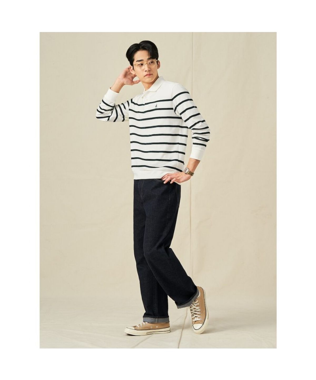 빈폴 멘(BEANPOLE MEN) 피케 스트라이프 칼라넥 티셔츠  아이보리