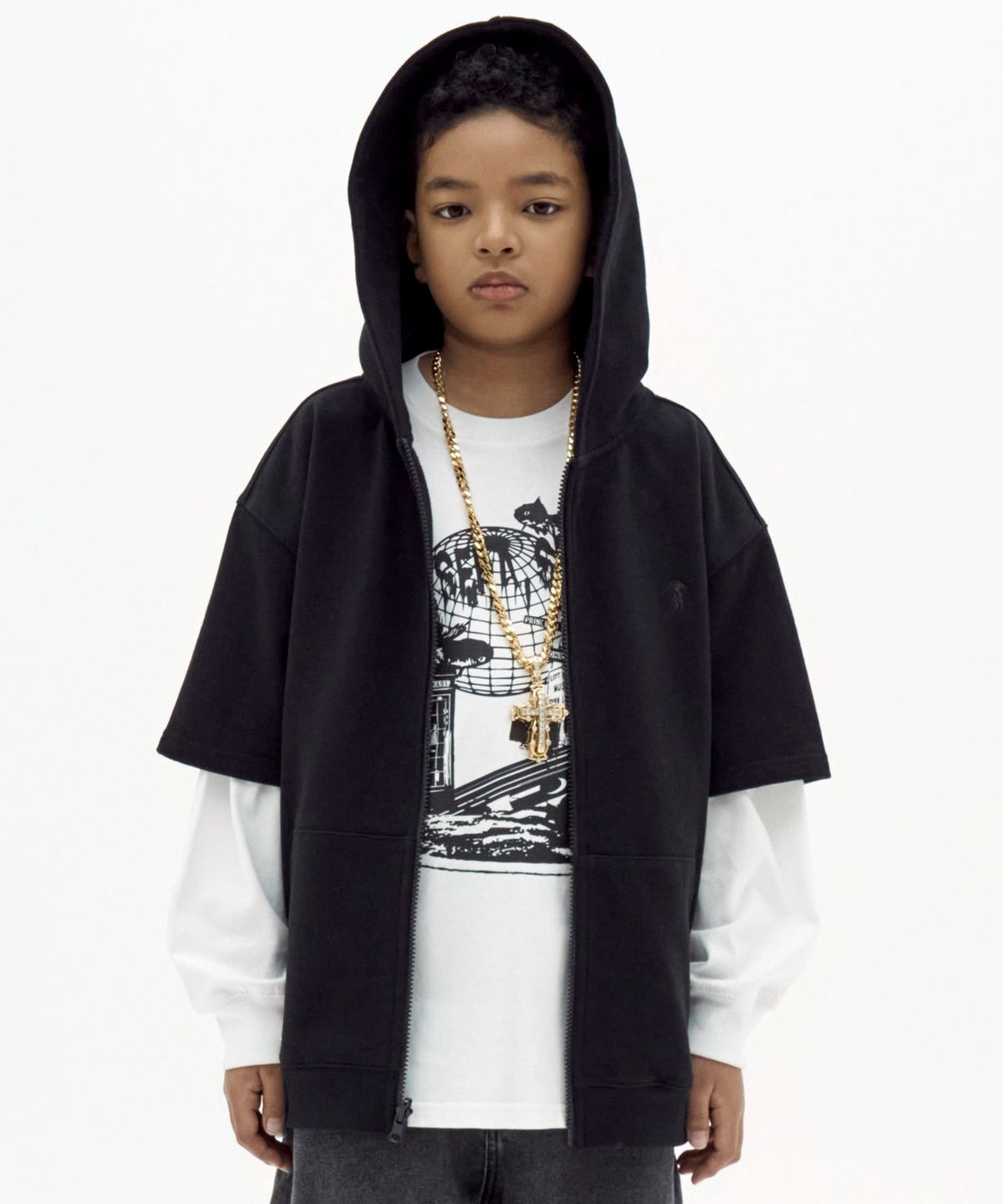 테이크이지 키즈(TAKEASY KIDS) 자이언트핏 하프소매 후드집업 (블랙)