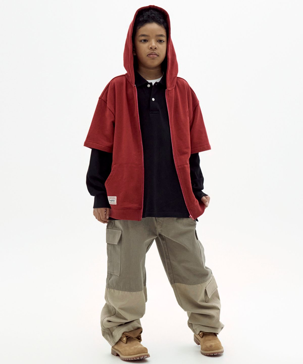 테이크이지 키즈(TAKEASY KIDS) 자이언트핏 하프소매 후드집업 (버건디)