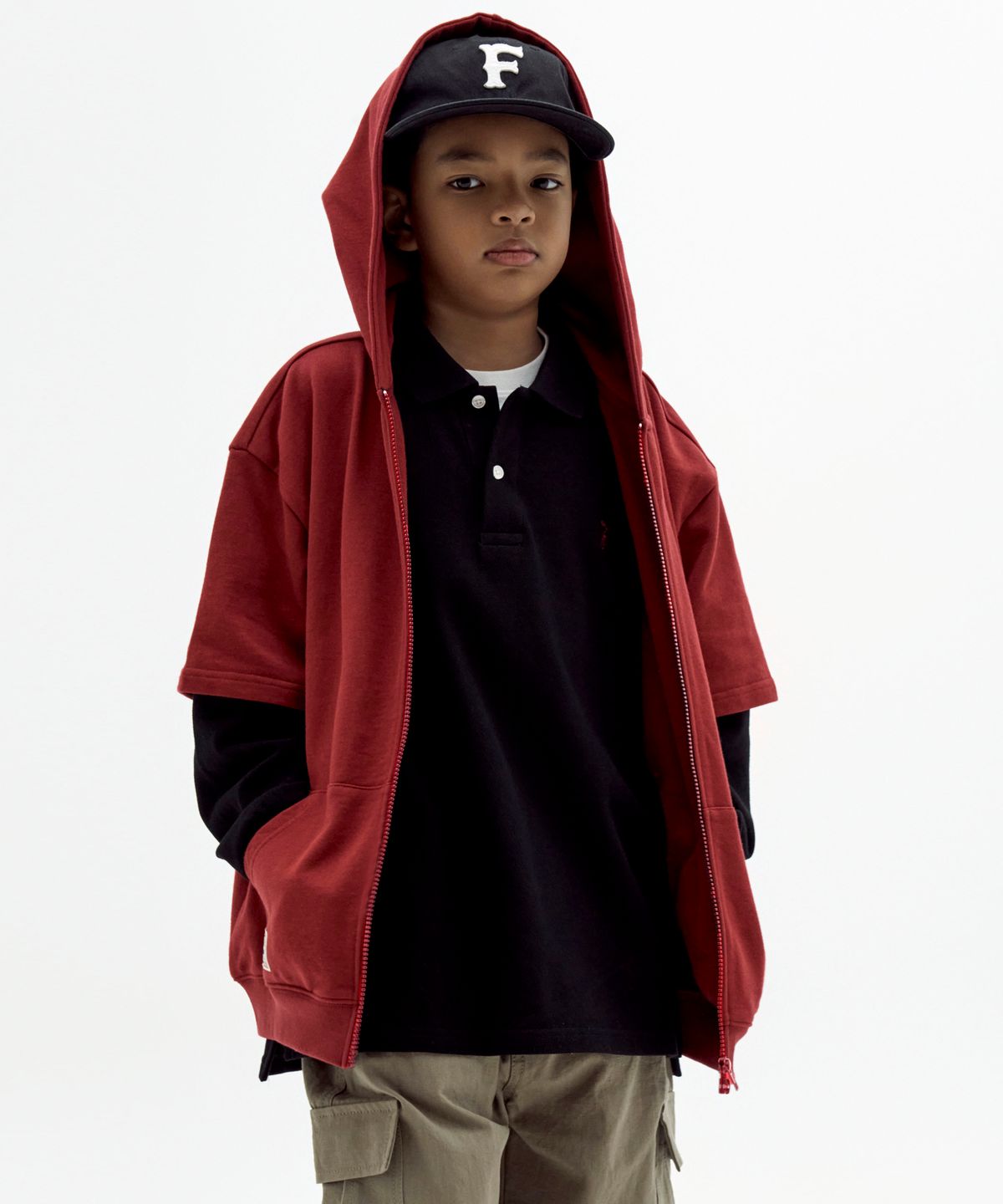 테이크이지 키즈(TAKEASY KIDS) 자이언트핏 하프소매 후드집업 (버건디)