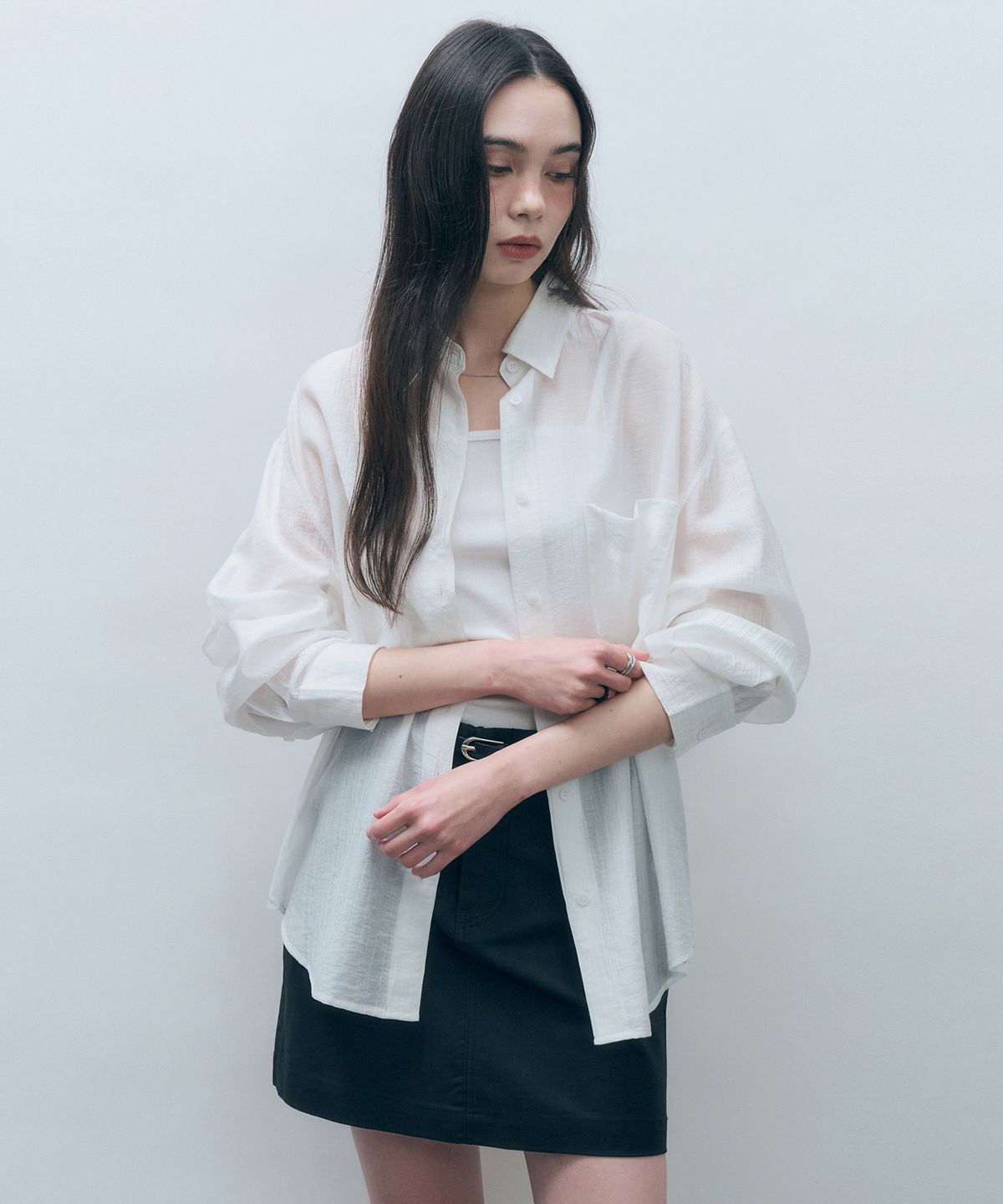몽돌(MONGDOL) 텐셀 시스루 루즈핏 셔츠 화이트 MDSH019WHITE