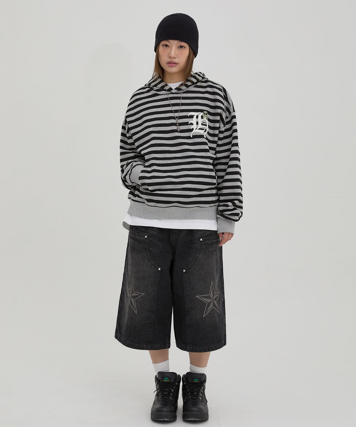 후드후드(HOODHOOD) H 로고 에일리언 오버핏 후드 스트라이프 블랙