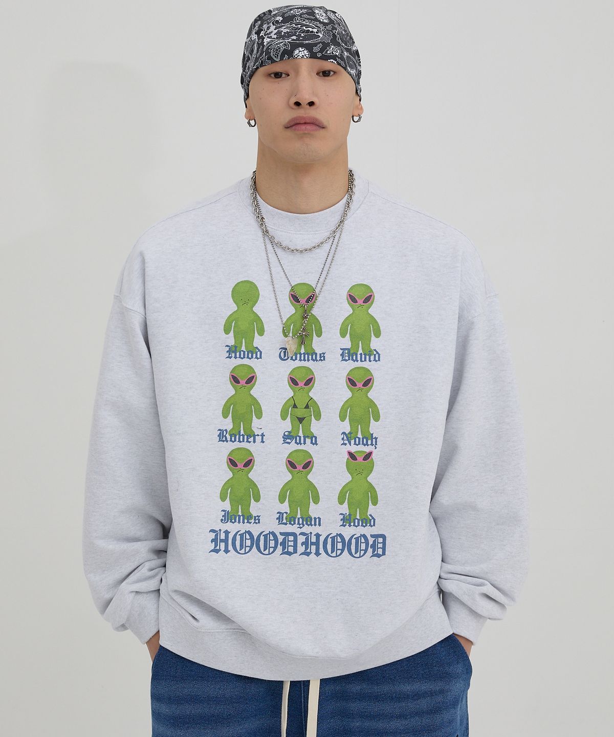 후드후드(HOODHOOD) 클론 에일리언 오버핏 맨투맨 멜란지화이트