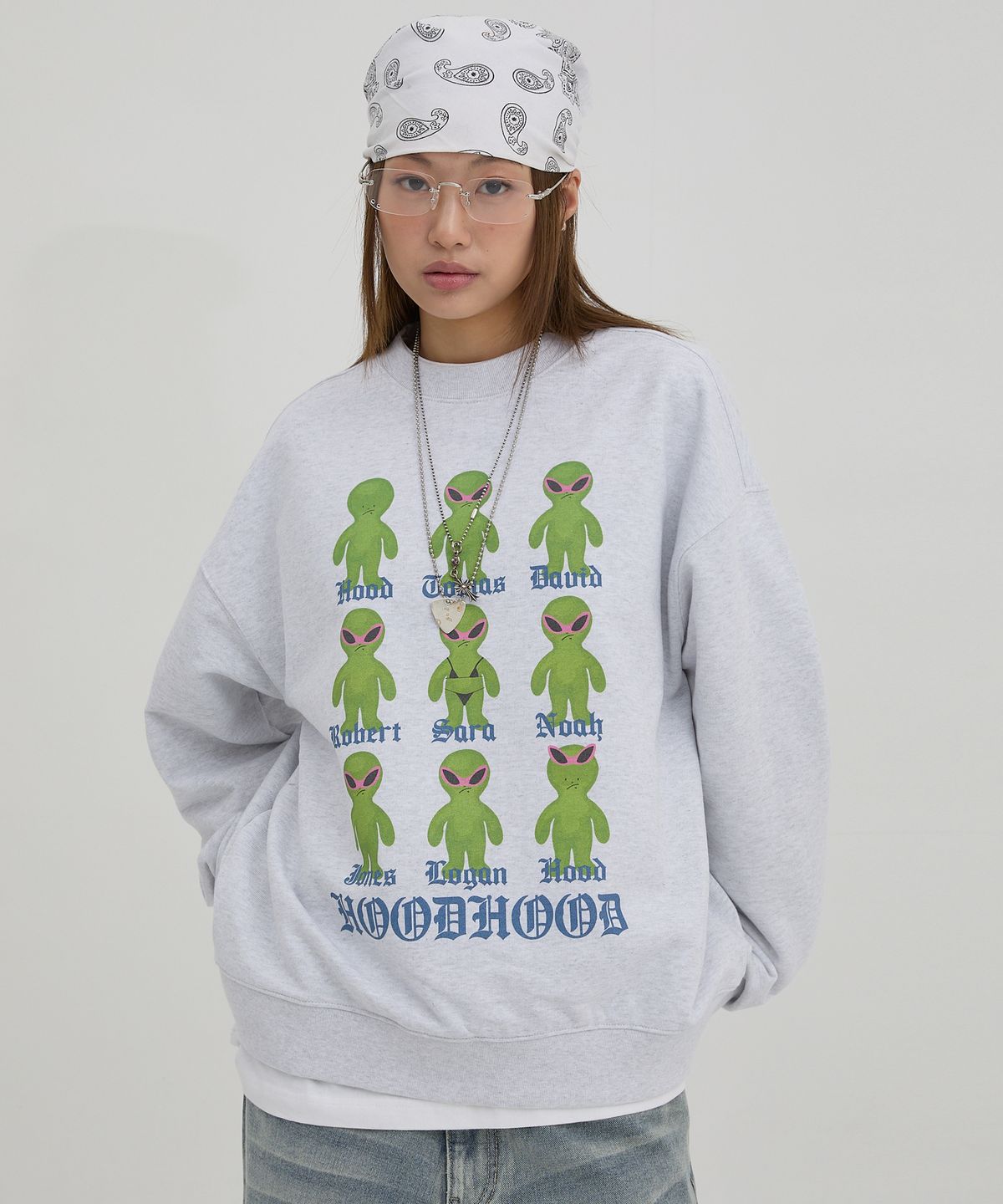 후드후드(HOODHOOD) 클론 에일리언 오버핏 맨투맨 멜란지화이트