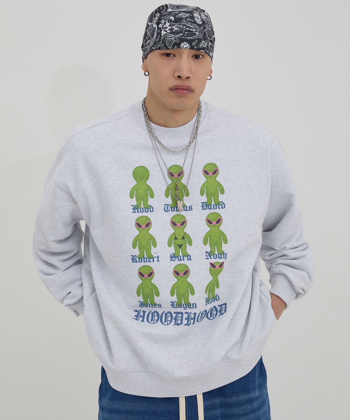 후드후드(HOODHOOD) 클론 에일리언 오버핏 맨투맨 멜란지화이트
